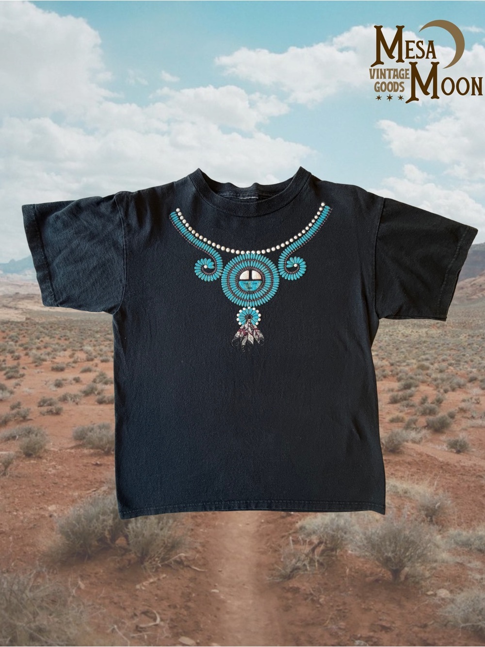 Vintage Southwestern Black Tee with Turquoise Necklace Graphic